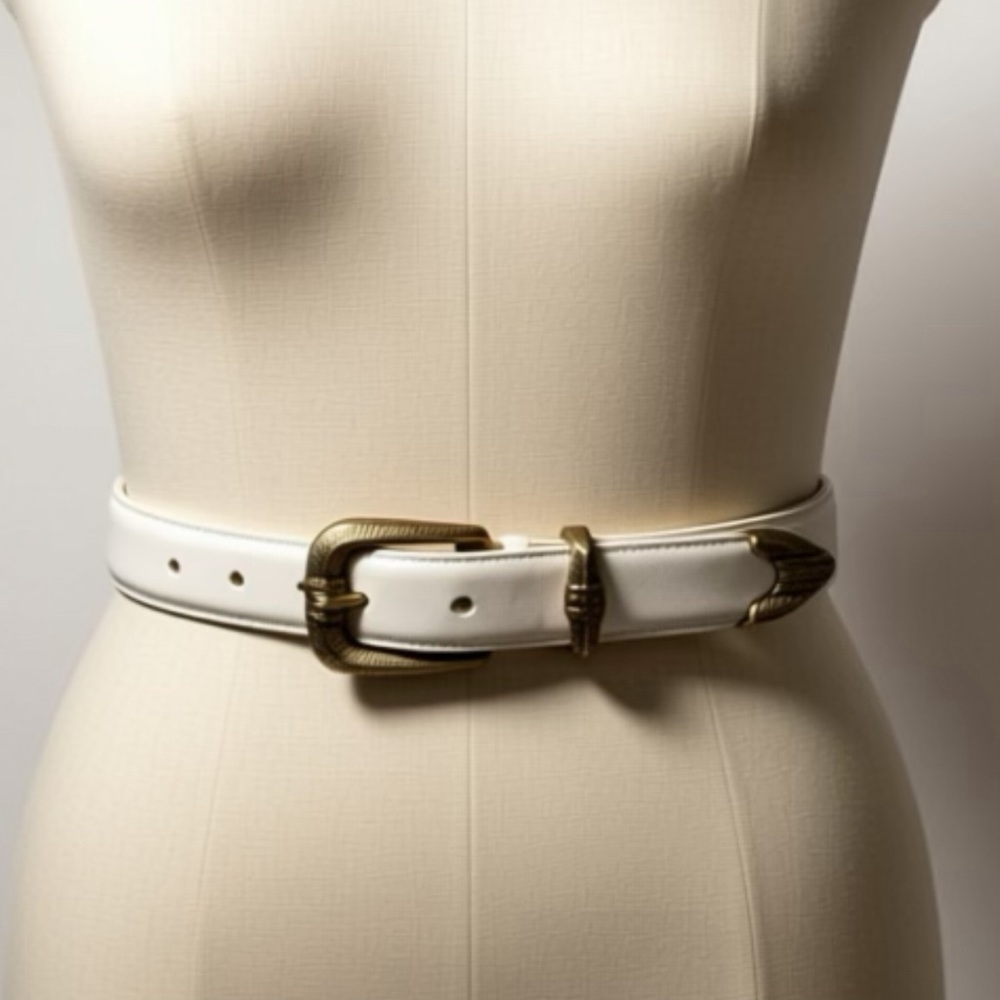 Vintage Leather Belt, Antiqued Silver Buckle & tip, southwestern style, white, S - Picture 2 of 9